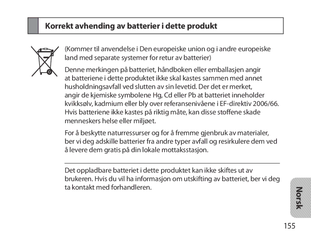 Samsung BHM3700EDECXEH, BHM3700EDEGXEF, BHM3700EDECXEF, BHM3700EDEGXEH Korrekt avhending av batterier i dette produkt, 155 