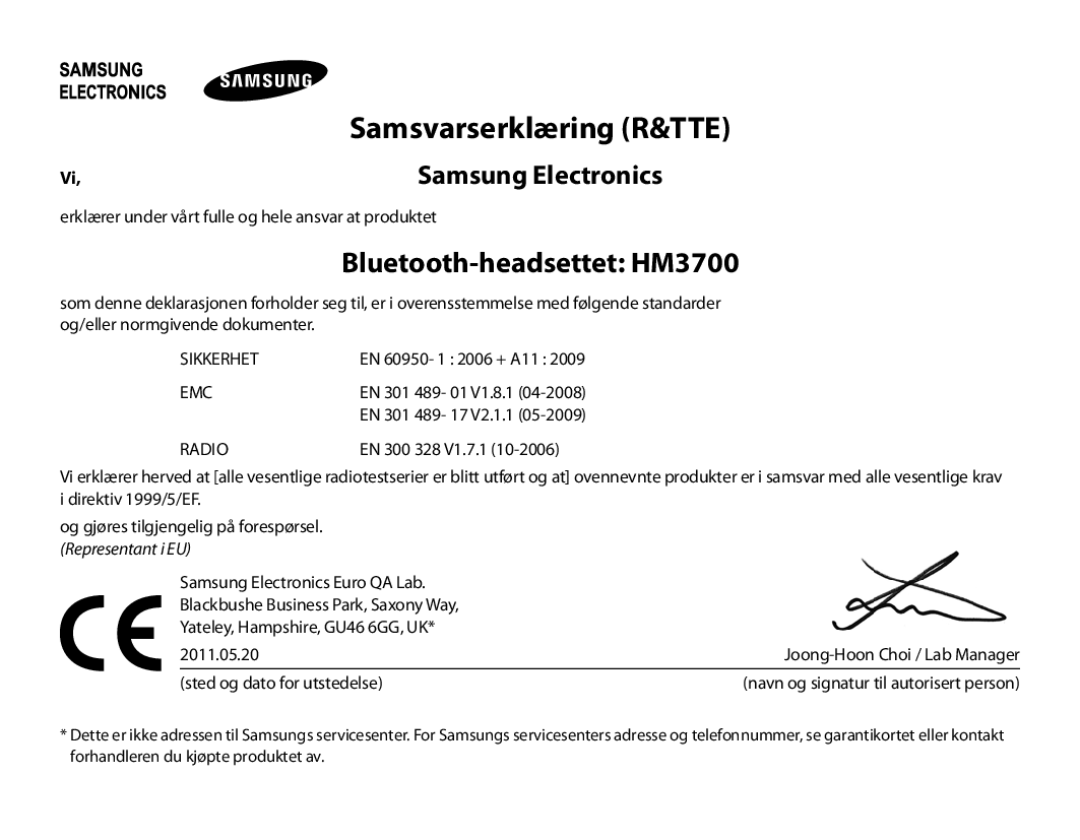 Samsung BHM3700EDRCSER, BHM3700EDEGXEF, BHM3700EDECXEF, BHM3700EDECXEH Bluetooth-headsettet HM3700, Samsvarserklæring R&TTE 