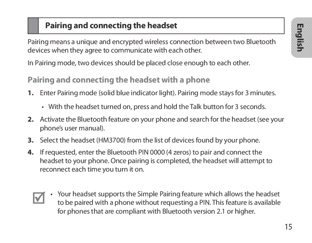 Samsung BHM3700EDECXEH, BHM3700EDEGXEF, BHM3700EDECXEF, BHM3700EDEGXEH Pairing and connecting the headset with a phone 