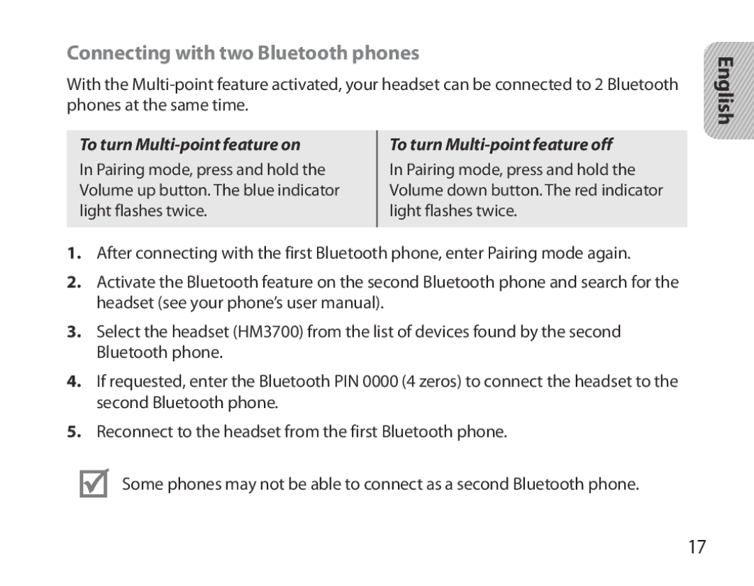 Samsung BHM3700EDRCSER, BHM3700EDEGXEF manual Connecting with two Bluetooth phones, To turn Multi-point feature off 