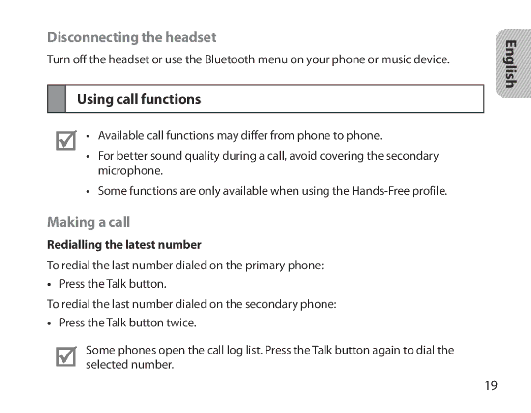 Samsung BHM3700EDECXEF manual Disconnecting the headset, Using call functions, Making a call, Redialling the latest number 