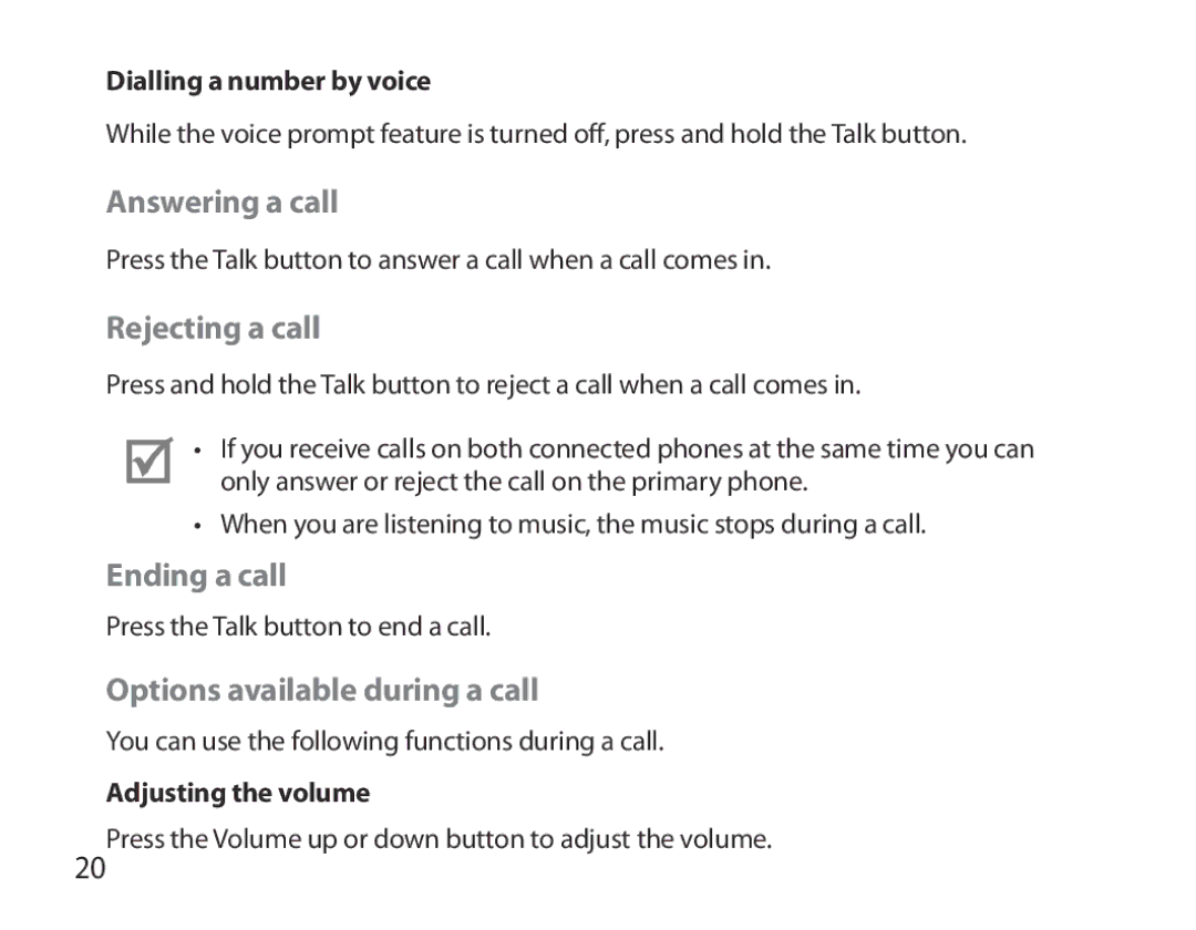 Samsung BHM3700EDECXEH, BHM3700EDEGXEF Answering a call, Rejecting a call, Ending a call, Options available during a call 