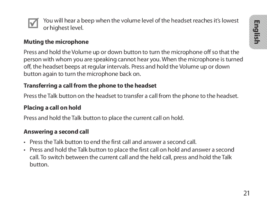 Samsung BHM3700EDEGXEH Muting the microphone, Transferring a call from the phone to the headset, Placing a call on hold 