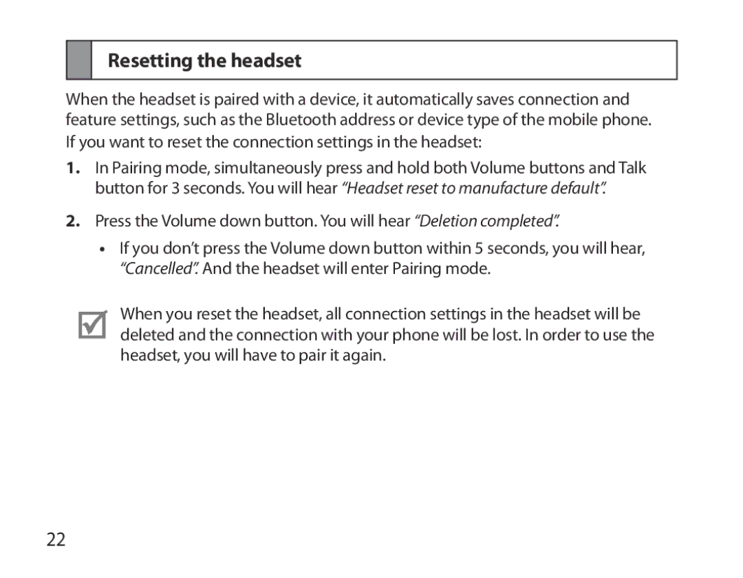 Samsung BHM3700EDRCSER, BHM3700EDEGXEF, BHM3700EDECXEF, BHM3700EDECXEH, BHM3700EDEGXEH manual Resetting the headset 