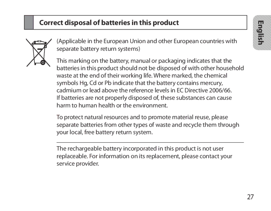 Samsung BHM3700EDRCSER, BHM3700EDEGXEF, BHM3700EDECXEF, BHM3700EDECXEH manual Correct disposal of batteries in this product 