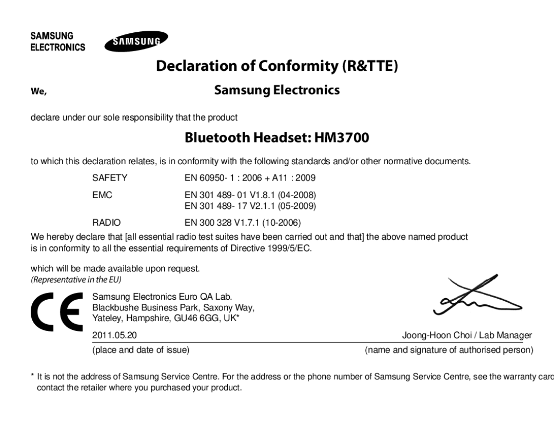 Samsung BHM3700EDECXEF, BHM3700EDEGXEF manual Declaration of Conformity R&TTE, Bluetooth Headset HM3700, Samsung Electronics 