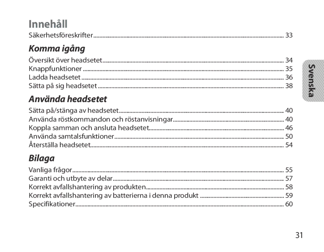 Samsung BHM3700EDEGXEH, BHM3700EDEGXEF, BHM3700EDECXEF, BHM3700EDECXEH, BHM3700EDRCSER manual Innehåll 