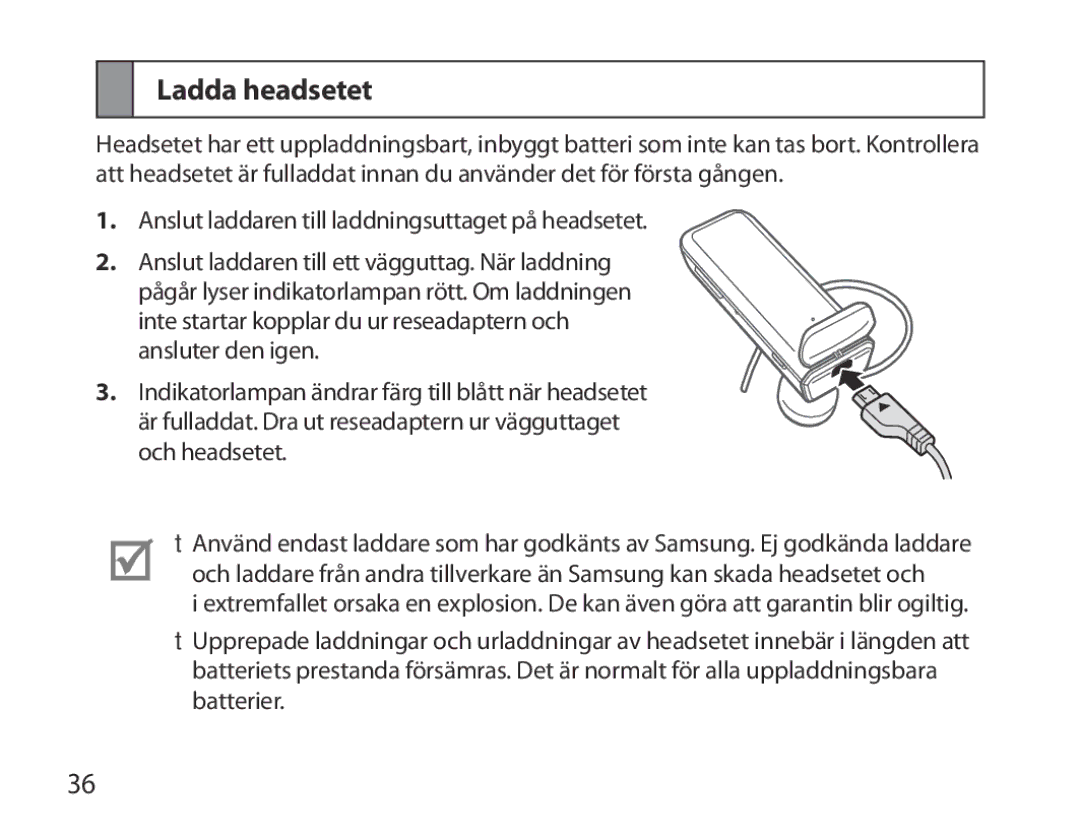 Samsung BHM3700EDEGXEH, BHM3700EDEGXEF, BHM3700EDECXEF, BHM3700EDECXEH, BHM3700EDRCSER manual Ladda headsetet 