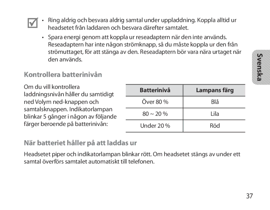 Samsung BHM3700EDRCSER manual Kontrollera batterinivån, När batteriet håller på att laddas ur, Batterinivå Lampans färg 