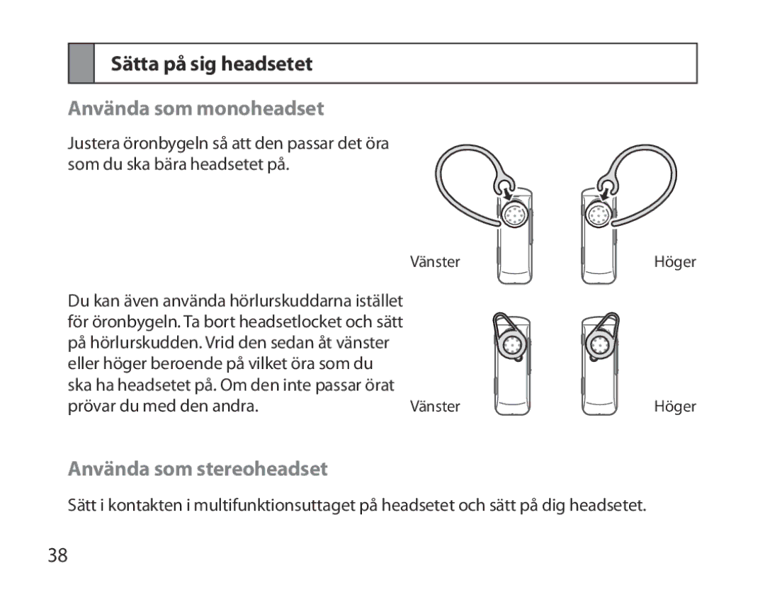 Samsung BHM3700EDEGXEF, BHM3700EDECXEF manual Sätta på sig headsetet, Använda som monoheadset, Använda som stereoheadset 