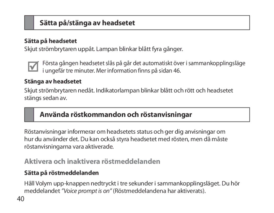 Samsung BHM3700EDECXEH, BHM3700EDEGXEF manual Sätta på/stänga av headsetet, Använda röstkommandon och röstanvisningar 