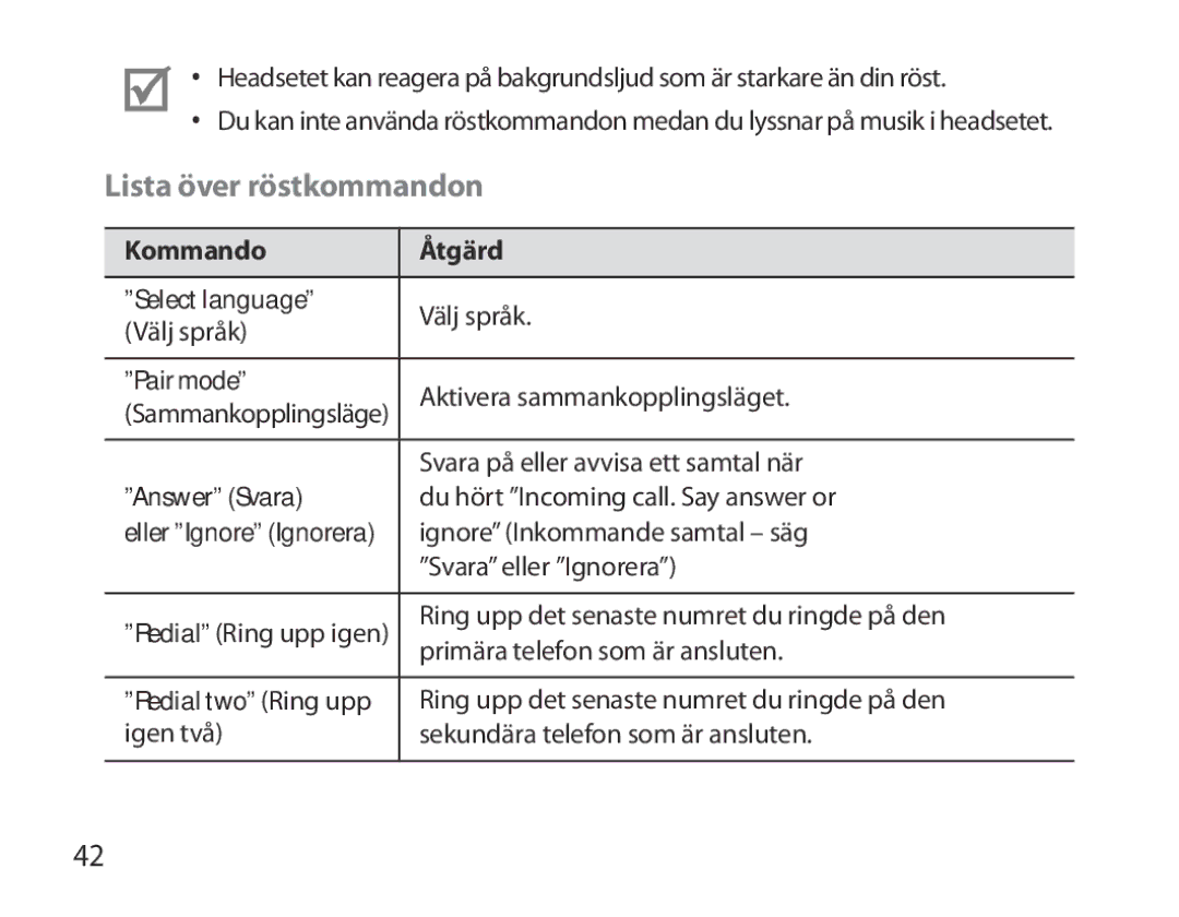 Samsung BHM3700EDRCSER, BHM3700EDEGXEF, BHM3700EDECXEF, BHM3700EDECXEH manual Lista över röstkommandon, Kommando Åtgärd 