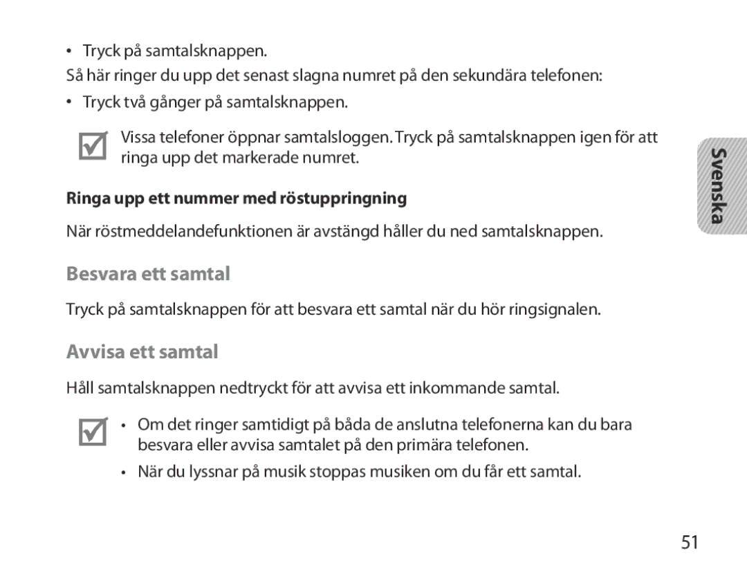 Samsung BHM3700EDEGXEH, BHM3700EDEGXEF Besvara ett samtal, Avvisa ett samtal, Ringa upp ett nummer med röstuppringning 