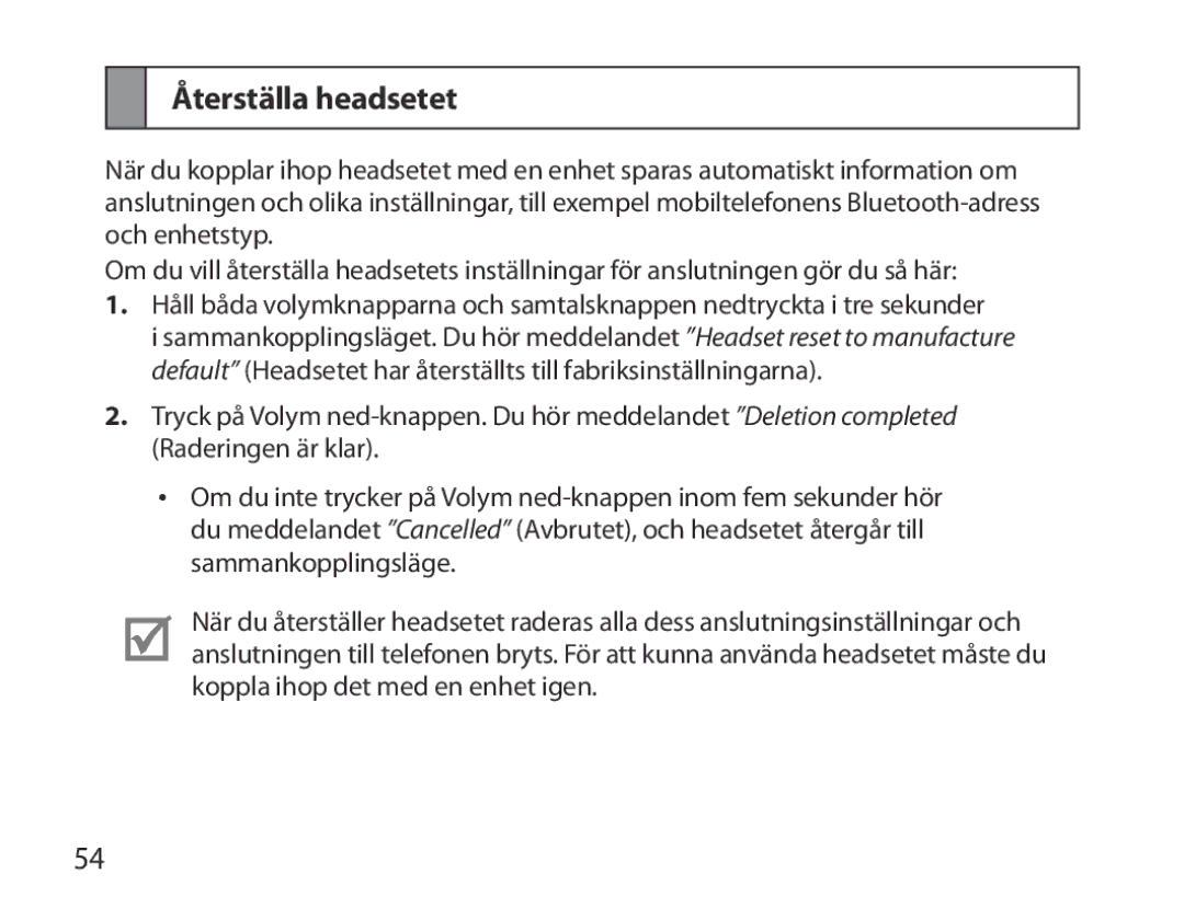 Samsung BHM3700EDECXEF, BHM3700EDEGXEF, BHM3700EDECXEH, BHM3700EDEGXEH, BHM3700EDRCSER manual Återställa headsetet 