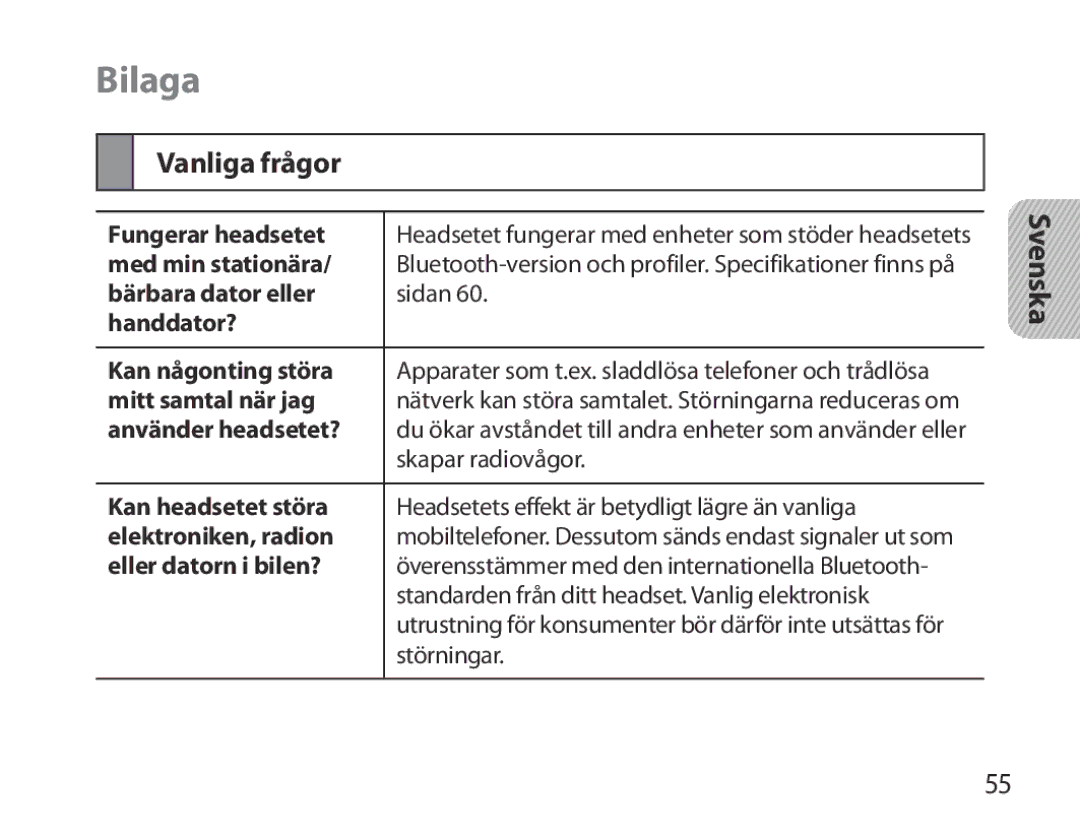 Samsung BHM3700EDECXEH, BHM3700EDEGXEF, BHM3700EDECXEF, BHM3700EDEGXEH, BHM3700EDRCSER manual Bilaga, Vanliga frågor 