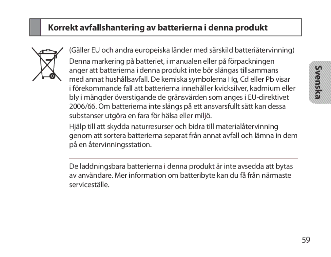 Samsung BHM3700EDECXEF, BHM3700EDEGXEF, BHM3700EDECXEH manual Korrekt avfallshantering av batterierna i denna produkt 