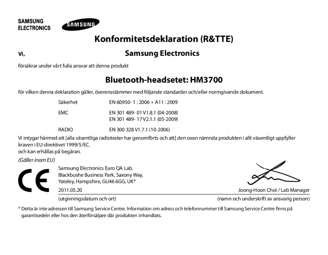 Samsung BHM3700EDEGXEH, BHM3700EDEGXEF, BHM3700EDECXEF manual Konformitetsdeklaration R&TTE, Bluetooth-headsetet HM3700 