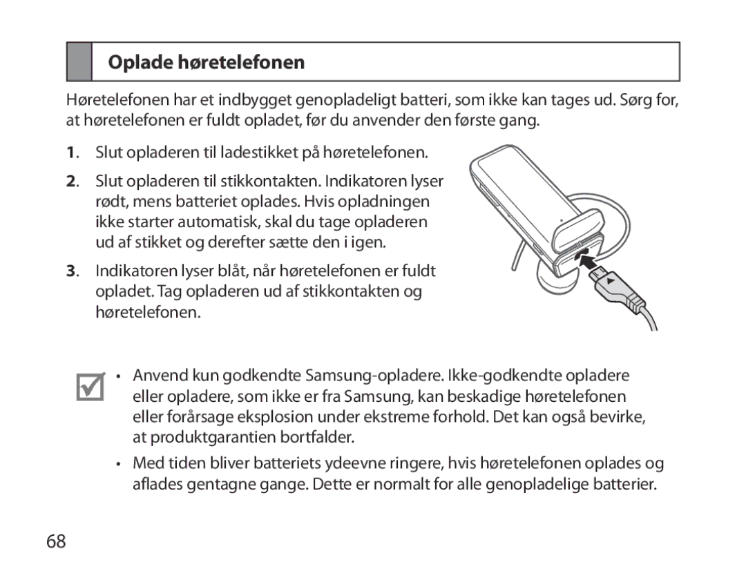 Samsung BHM3700EDEGXEF, BHM3700EDECXEF, BHM3700EDECXEH, BHM3700EDEGXEH, BHM3700EDRCSER manual Oplade høretelefonen 