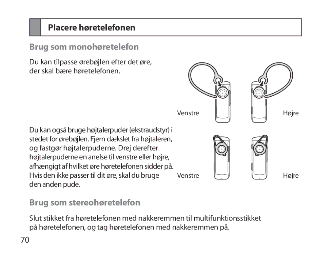 Samsung BHM3700EDECXEH, BHM3700EDEGXEF manual Placere høretelefonen, Brug som monohøretelefon, Brug som stereohøretelefon 