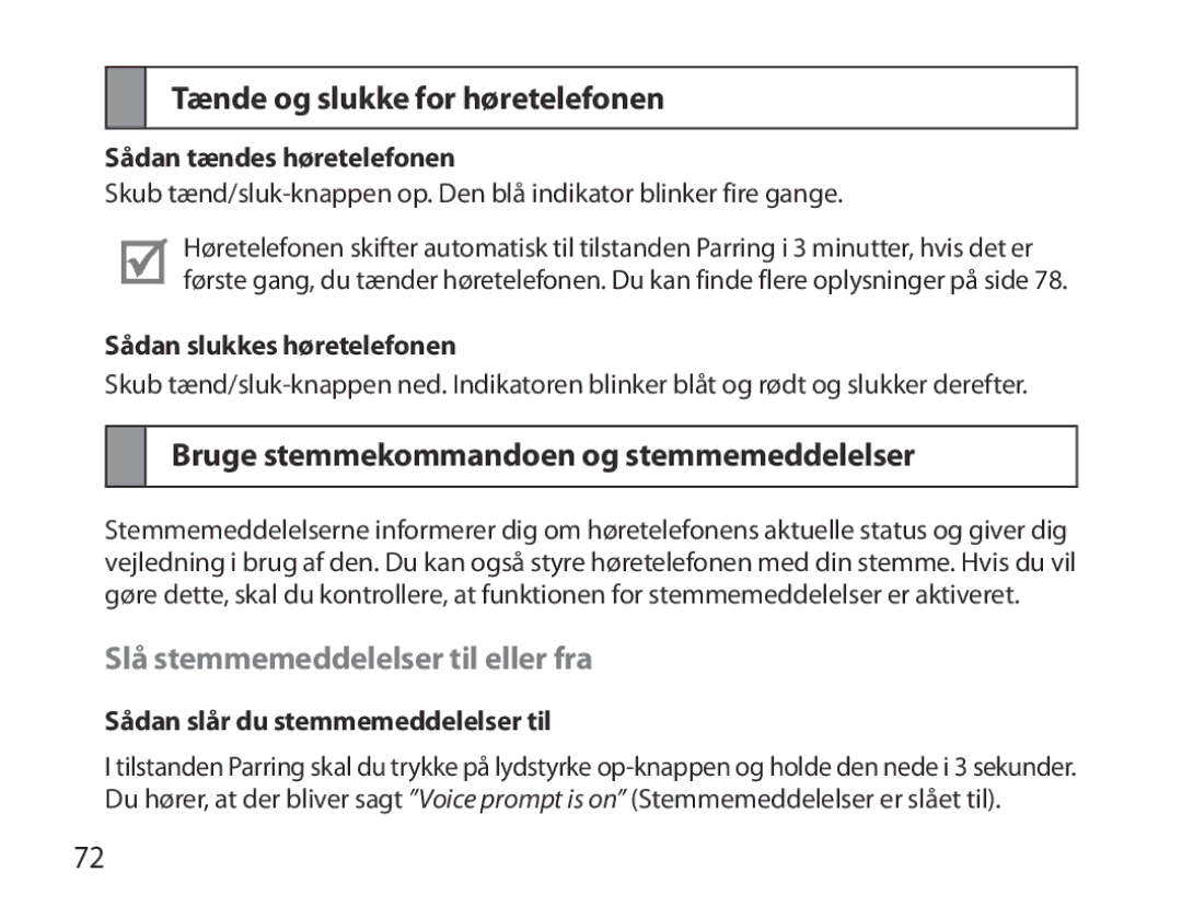 Samsung BHM3700EDRCSER, BHM3700EDEGXEF manual Tænde og slukke for høretelefonen, Bruge stemmekommandoen og stemmemeddelelser 