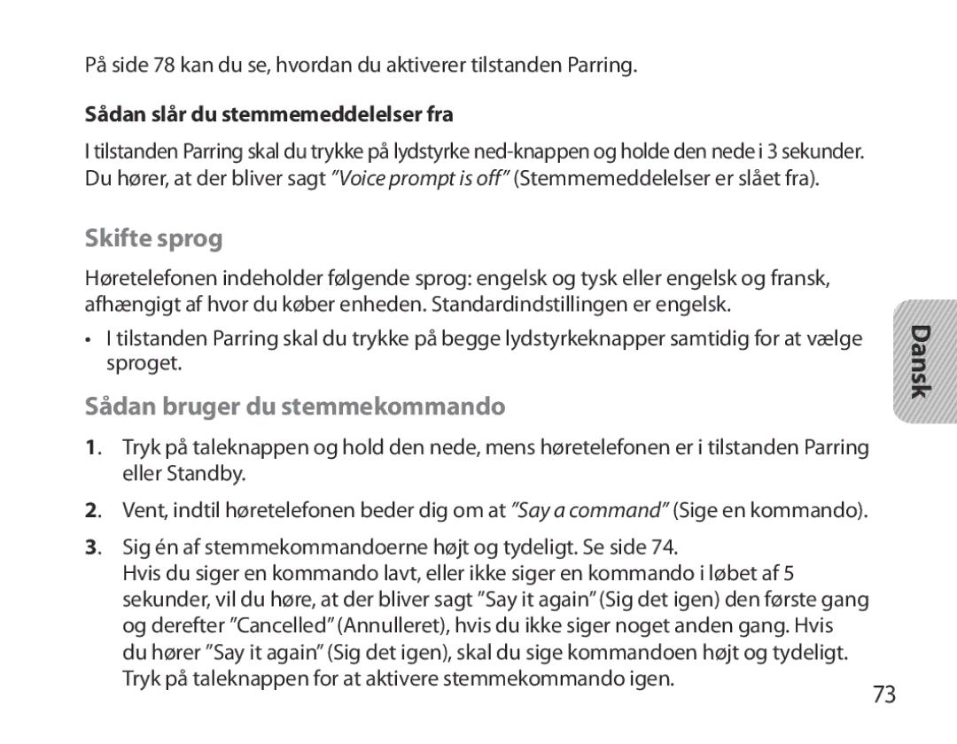 Samsung BHM3700EDEGXEF, BHM3700EDECXEF Skifte sprog, Sådan bruger du stemmekommando, Sådan slår du stemmemeddelelser fra 