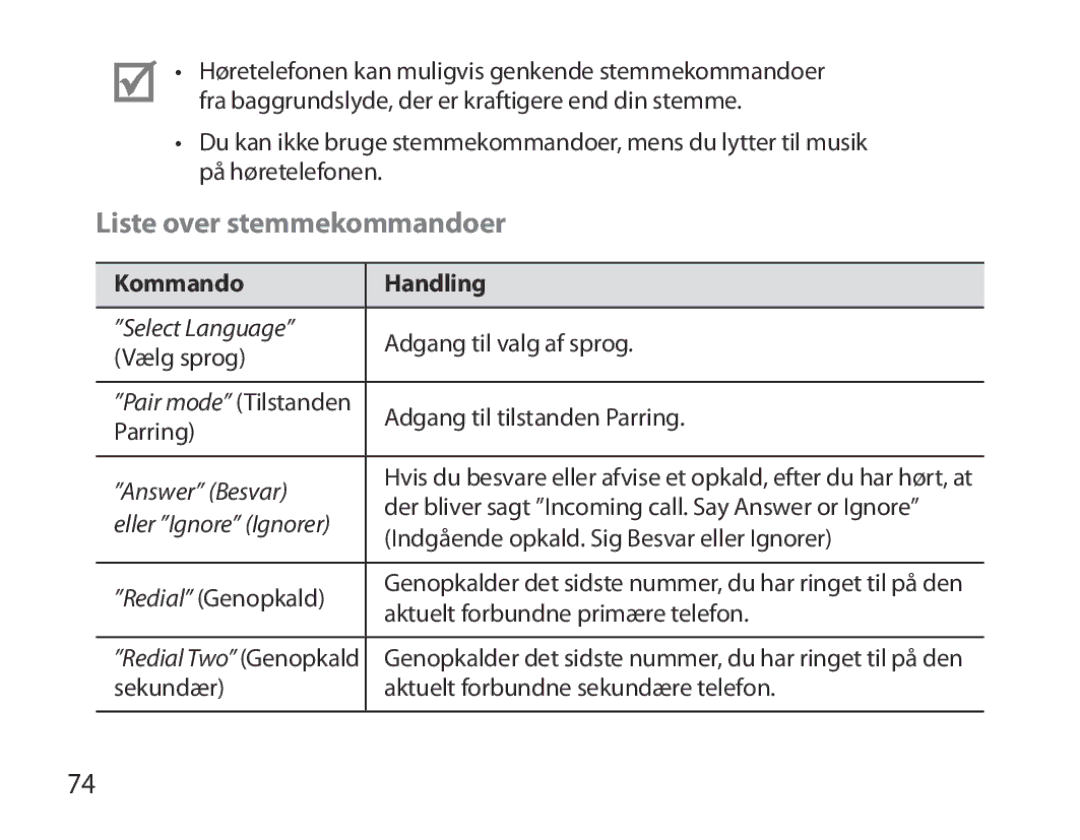 Samsung BHM3700EDECXEF, BHM3700EDEGXEF, BHM3700EDECXEH, BHM3700EDEGXEH manual Liste over stemmekommandoer, Kommando Handling 