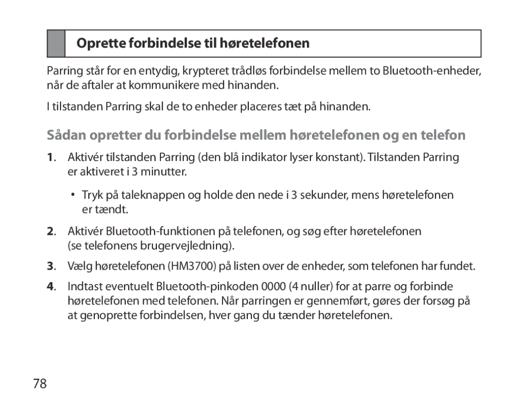 Samsung BHM3700EDEGXEF, BHM3700EDECXEF, BHM3700EDECXEH, BHM3700EDEGXEH, BHM3700EDRCSER Oprette forbindelse til høretelefonen 