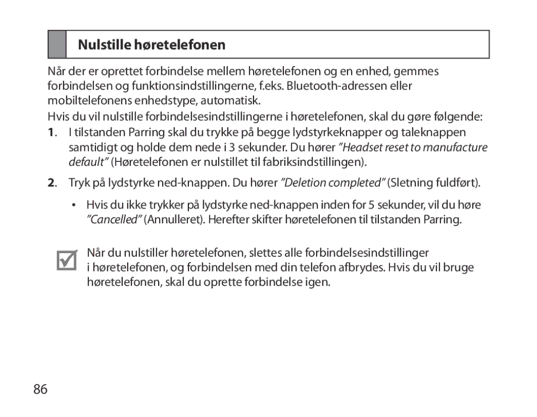 Samsung BHM3700EDEGXEH, BHM3700EDEGXEF, BHM3700EDECXEF, BHM3700EDECXEH, BHM3700EDRCSER manual Nulstille høretelefonen 