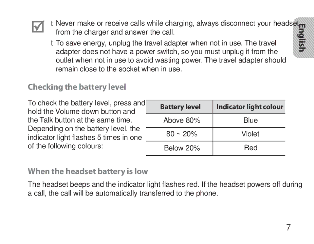 Samsung BHM3700EDRCSER, BHM3700EDEGXEF Checking the battery level, When the headset battery is low, English, Battery level 