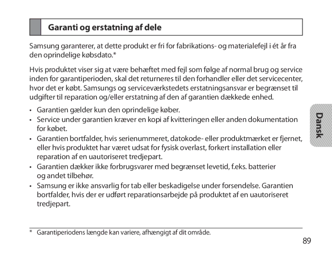 Samsung BHM3700EDECXEF, BHM3700EDEGXEF, BHM3700EDECXEH, BHM3700EDEGXEH, BHM3700EDRCSER manual Garanti og erstatning af dele 