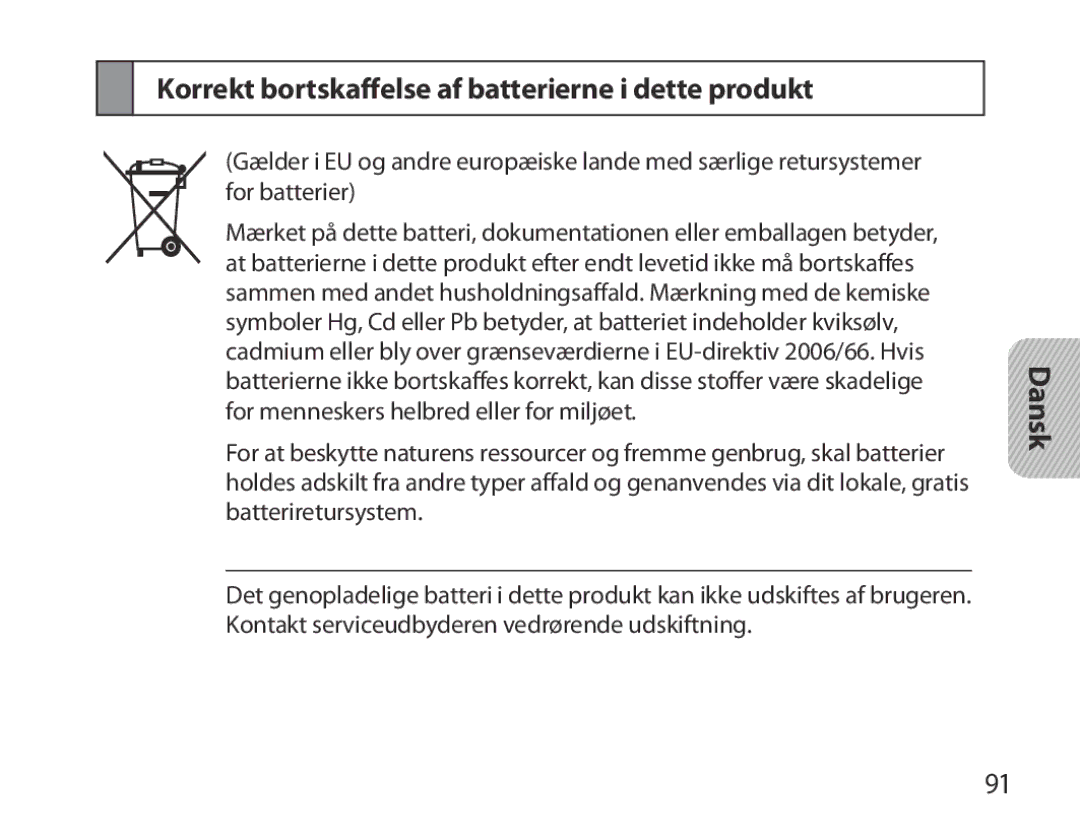 Samsung BHM3700EDEGXEH, BHM3700EDEGXEF, BHM3700EDECXEF, BHM3700EDECXEH Korrekt bortskaffelse af batterierne i dette produkt 