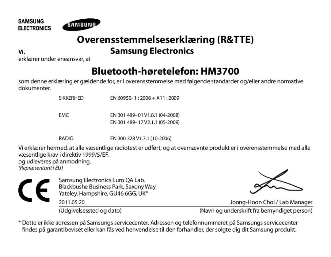 Samsung BHM3700EDEGXEF, BHM3700EDECXEF, BHM3700EDECXEH, BHM3700EDEGXEH, BHM3700EDRCSER manual Overensstemmelseserklæring R&TTE 