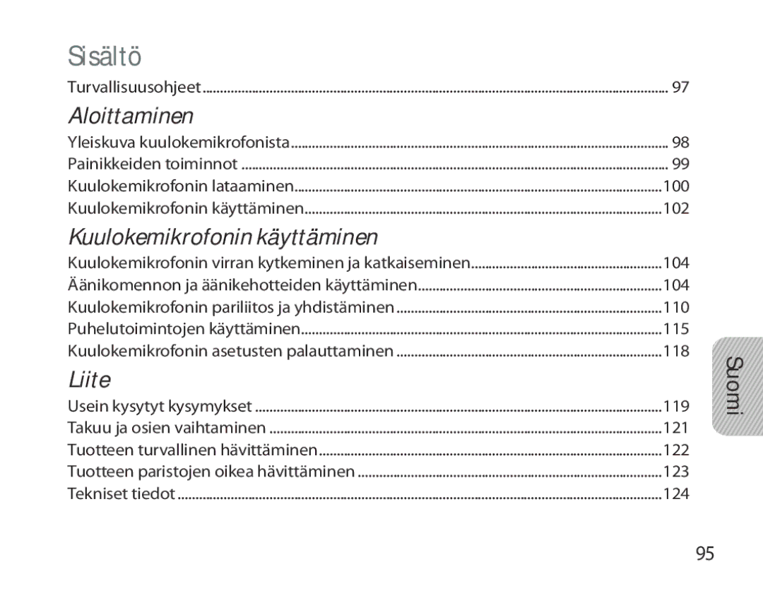 Samsung BHM3700EDECXEH, BHM3700EDEGXEF, BHM3700EDECXEF, BHM3700EDEGXEH, BHM3700EDRCSER manual Sisältö 