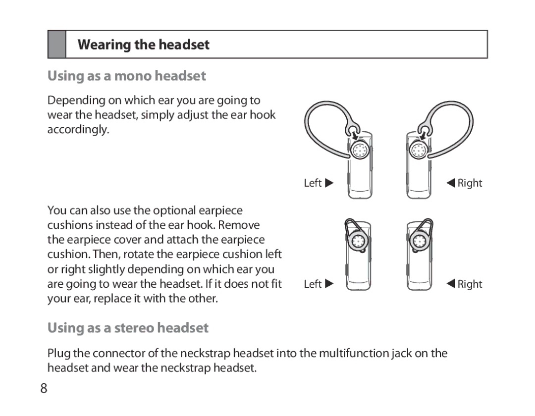 Samsung BHM3700EDEGXEF, BHM3700EDECXEF manual Wearing the headset, Using as a mono headset, Using as a stereo headset 