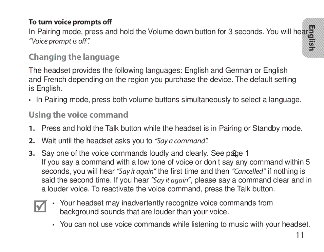 Samsung BHM3700EDEGXEH, BHM3700EDEGXEF manual Changing the language, Using the voice command, To turn voice prompts off 