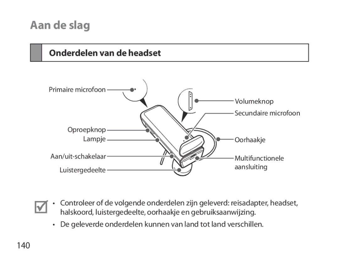 Samsung BHM3700EDECXEH, BHM3700EDEGXEF, BHM3700EDECXEF, BHM3700EDEGXEH manual Aan de slag, Onderdelen van de headset, 140 