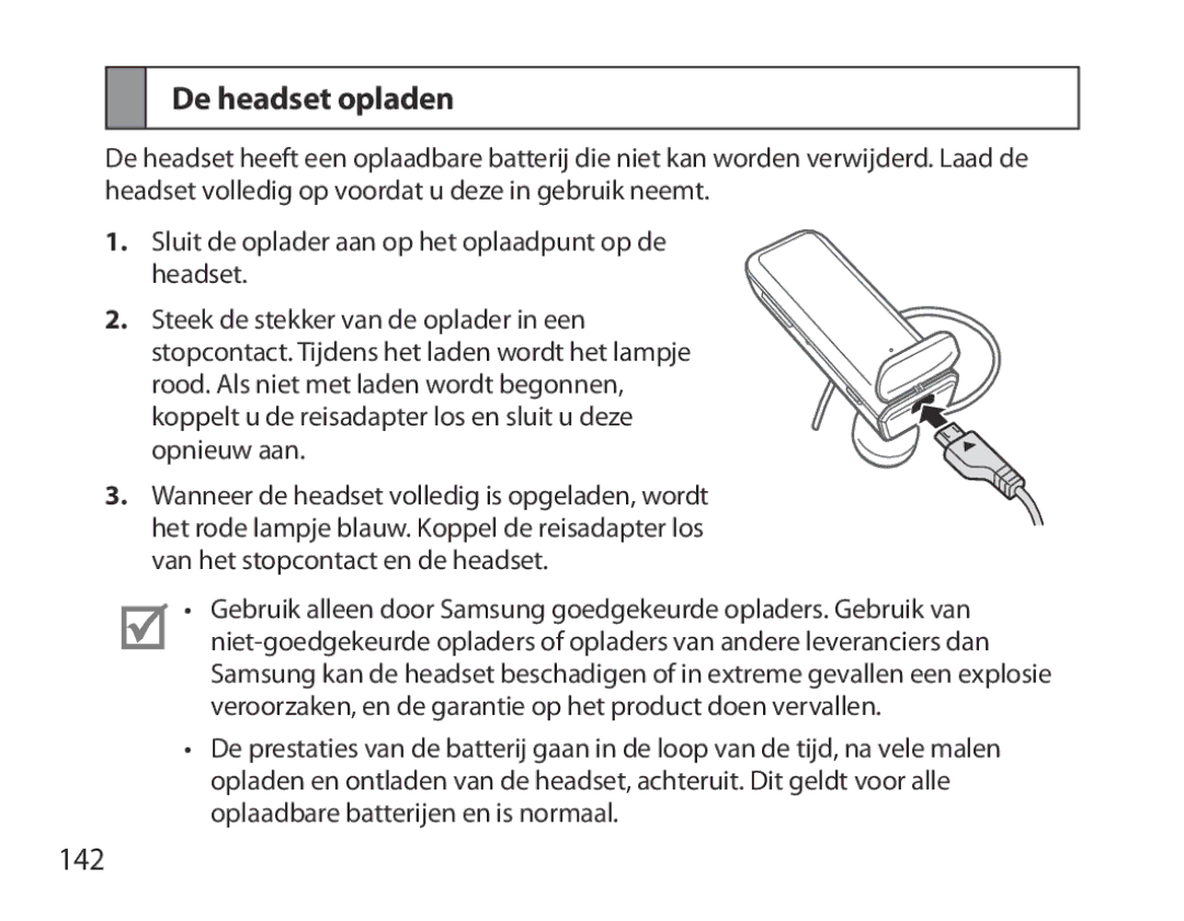 Samsung BHM3700EDRCSER, BHM3700EDEGXEF, BHM3700EDECXEF, BHM3700EDECXEH, BHM3700EDEGXEH manual De headset opladen, 142 