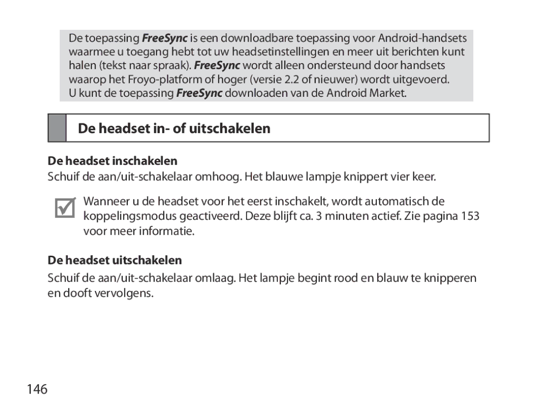 Samsung BHM3700EDEGXEH manual De headset in- of uitschakelen, 146, De headset inschakelen, De headset uitschakelen 