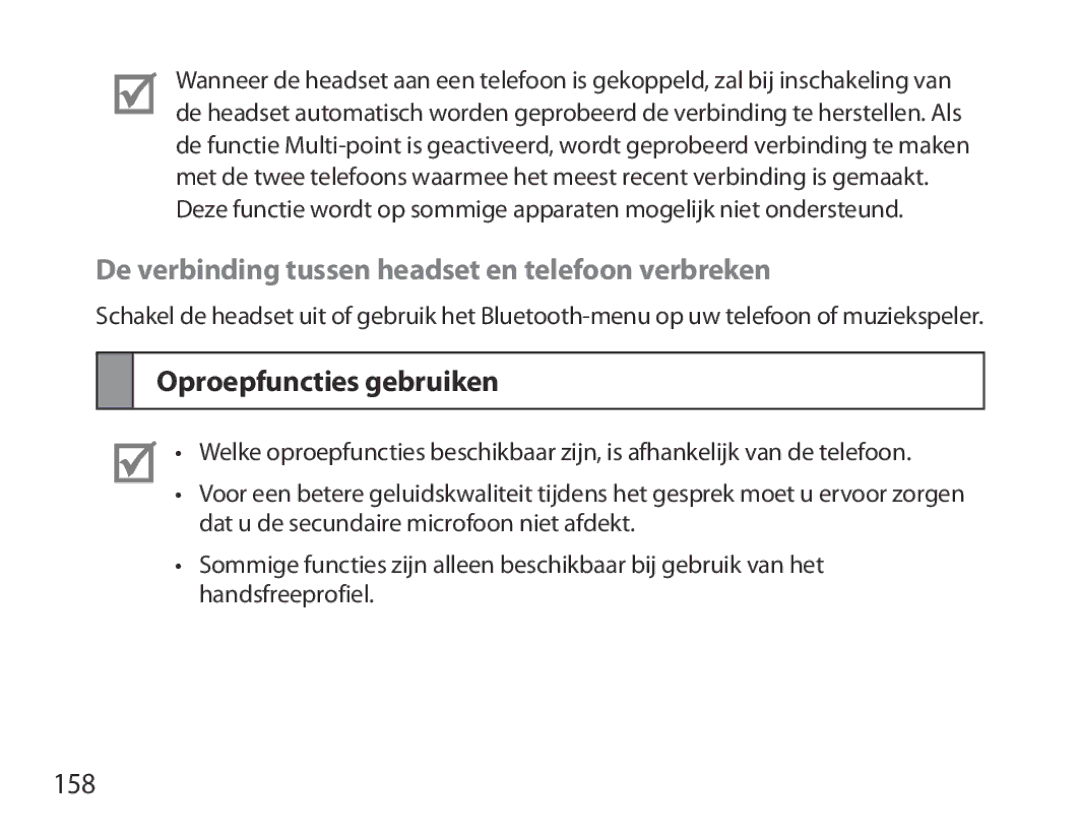 Samsung BHM3700EDEGXEF, BHM3700EDECXEF De verbinding tussen headset en telefoon verbreken, Oproepfuncties gebruiken, 158 