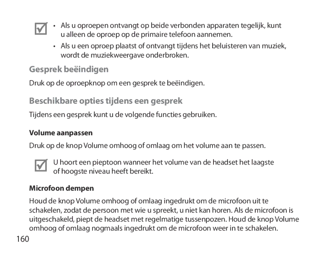 Samsung BHM3700EDECXEH Gesprek beëindigen, Beschikbare opties tijdens een gesprek, 160, Volume aanpassen, Microfoon dempen 