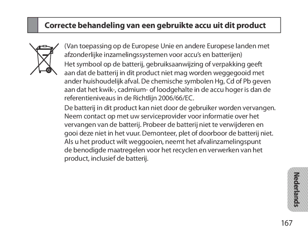 Samsung BHM3700EDRCSER, BHM3700EDEGXEF, BHM3700EDECXEF Correcte behandeling van een gebruikte accu uit dit product, 167 