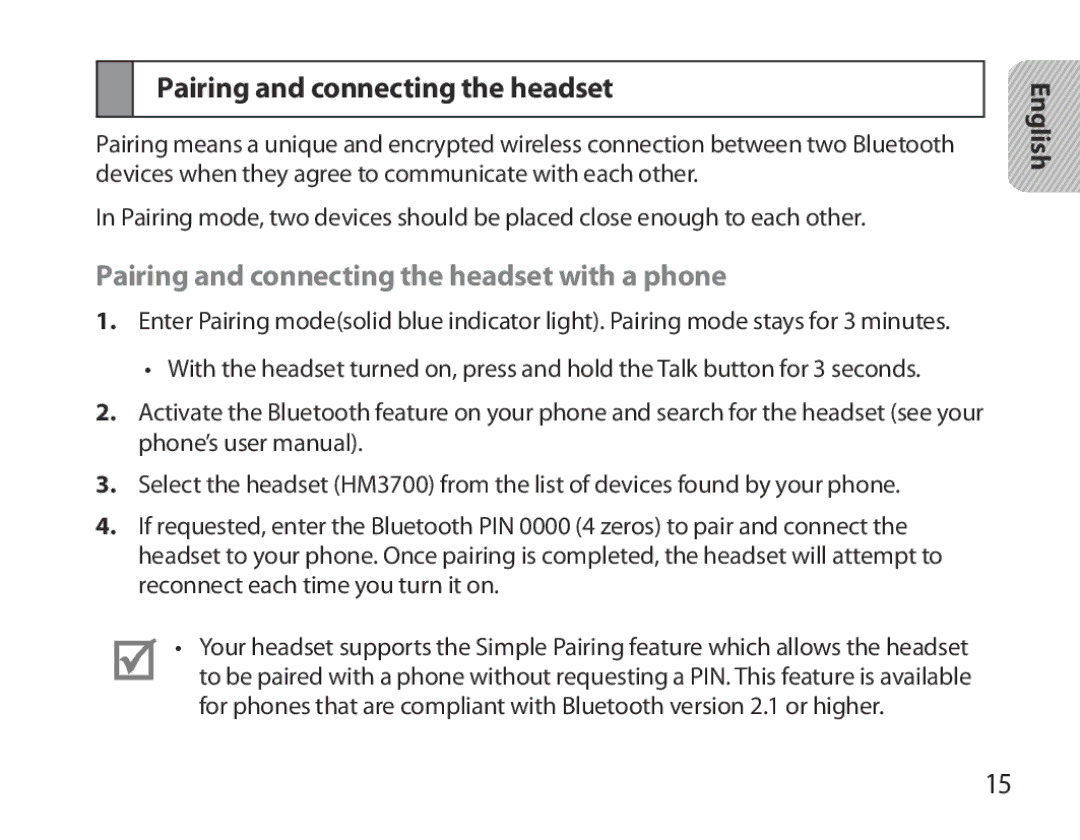 Samsung BHM3700EDECXEH, BHM3700EDEGXEF, BHM3700EDECXEF, BHM3700EDEGXEH Pairing and connecting the headset with a phone 