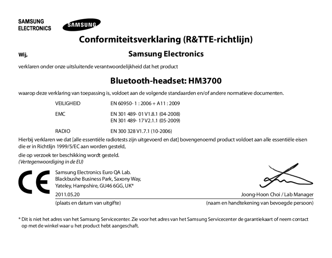 Samsung BHM3700EDECXEF, BHM3700EDEGXEF, BHM3700EDECXEH Bluetooth-headset HM3700, Conformiteitsverklaring R&TTE-richtlijn 