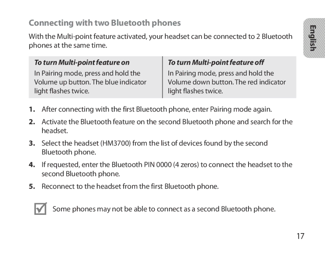 Samsung BHM3700EDRCSER, BHM3700EDEGXEF, BHM3700EDECXEF Connecting with two Bluetooth phones, To turn Multi-point feature on 