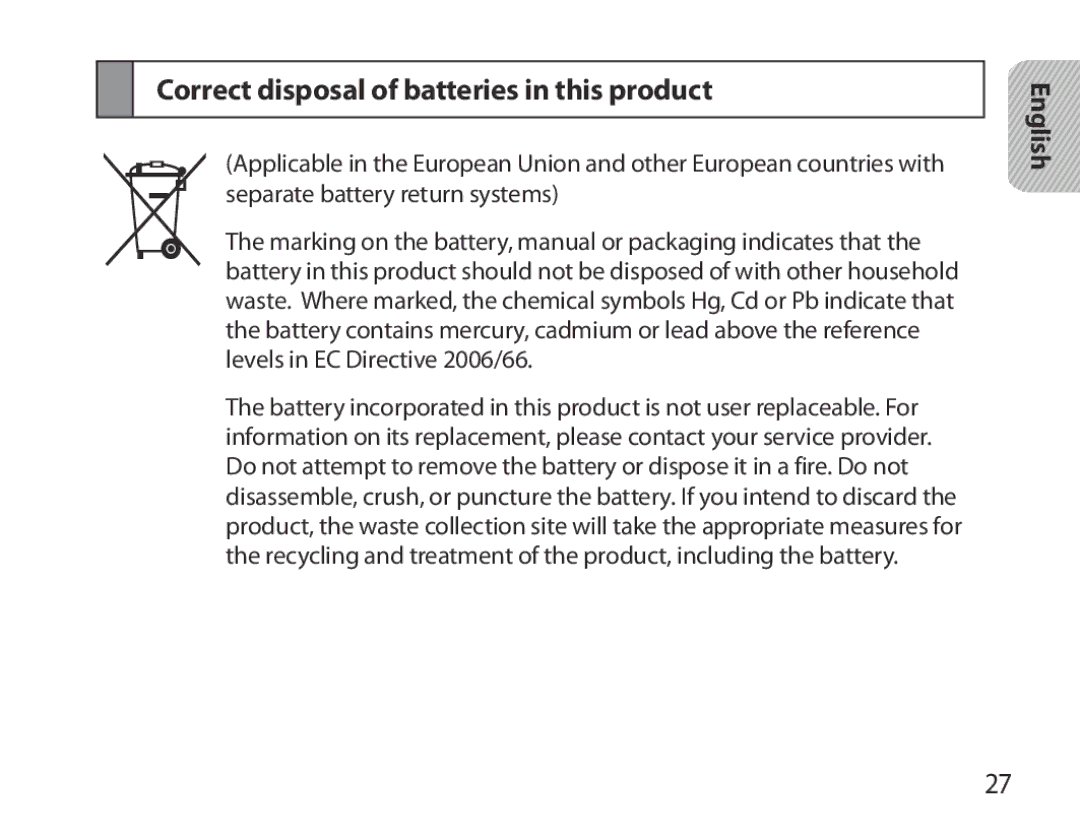 Samsung BHM3700EDRCSER, BHM3700EDEGXEF, BHM3700EDECXEF, BHM3700EDECXEH manual Correct disposal of batteries in this product 