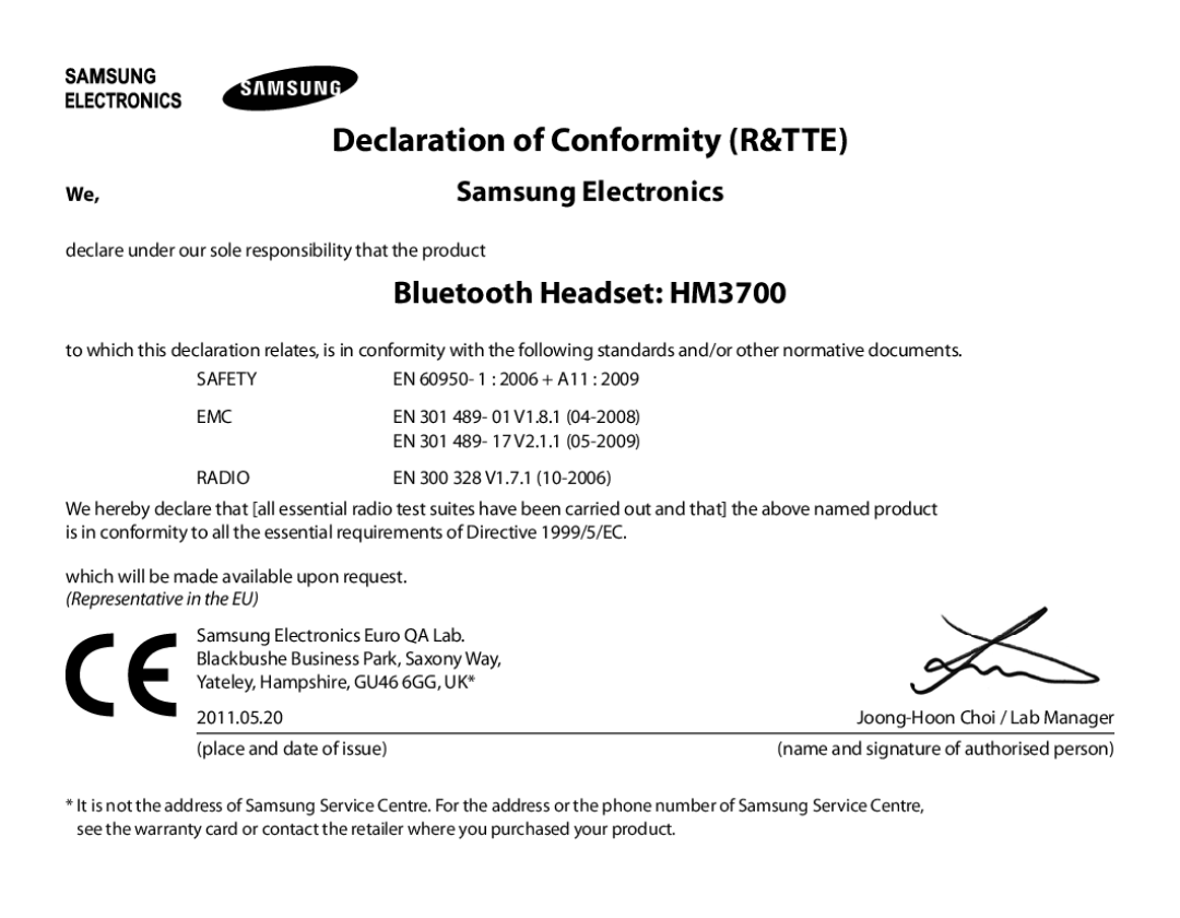 Samsung BHM3700EDECXEF, BHM3700EDEGXEF manual Bluetooth Headset HM3700, Declaration of Conformity R&TTE, Samsung Electronics 