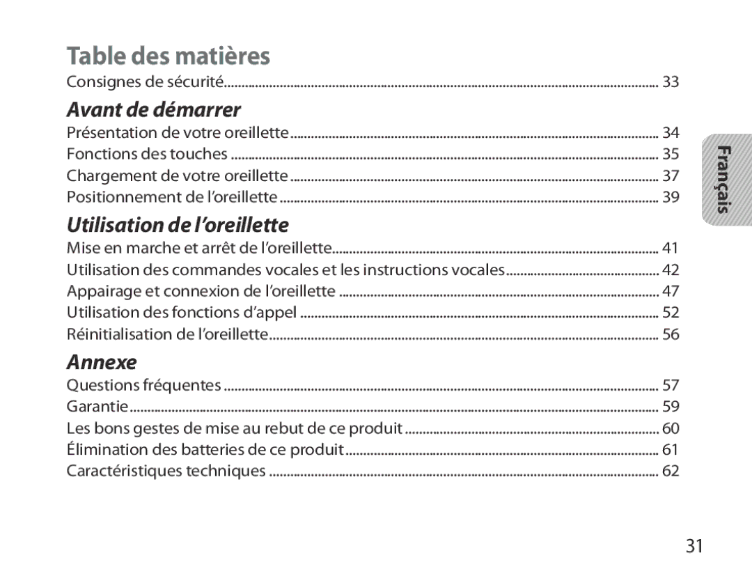 Samsung BHM3700EDEGXEH, BHM3700EDEGXEF, BHM3700EDECXEF, BHM3700EDECXEH, BHM3700EDRCSER manual Table des matières, Français 