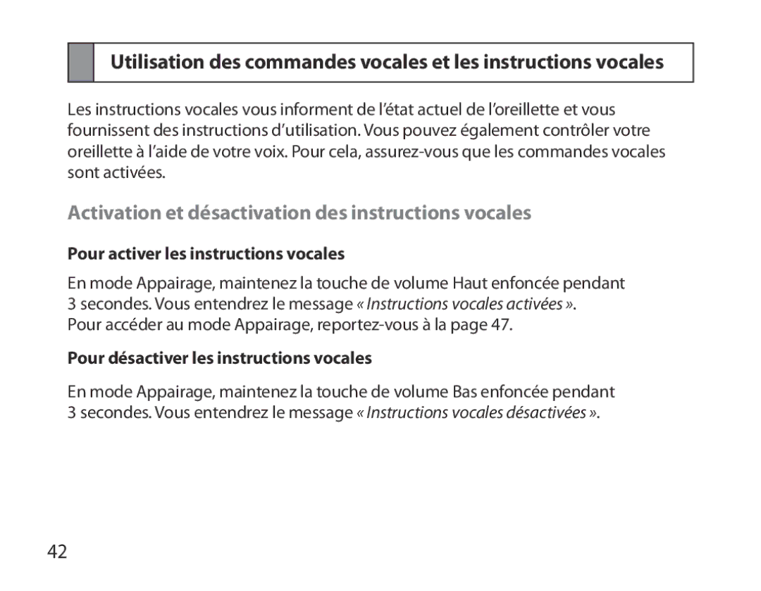 Samsung BHM3700EDRCSER manual Activation et désactivation des instructions vocales, Pour activer les instructions vocales 