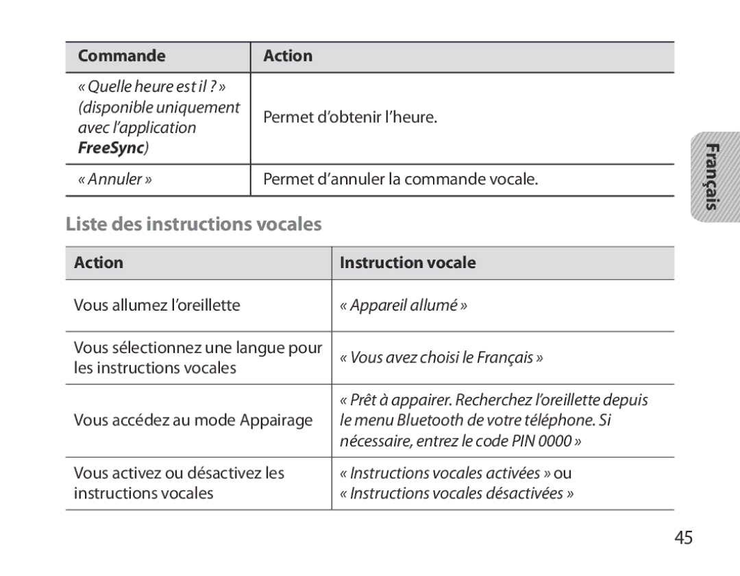 Samsung BHM3700EDECXEH manual Liste des instructions vocales, Commande Action, FreeSync, Action Instruction vocale 