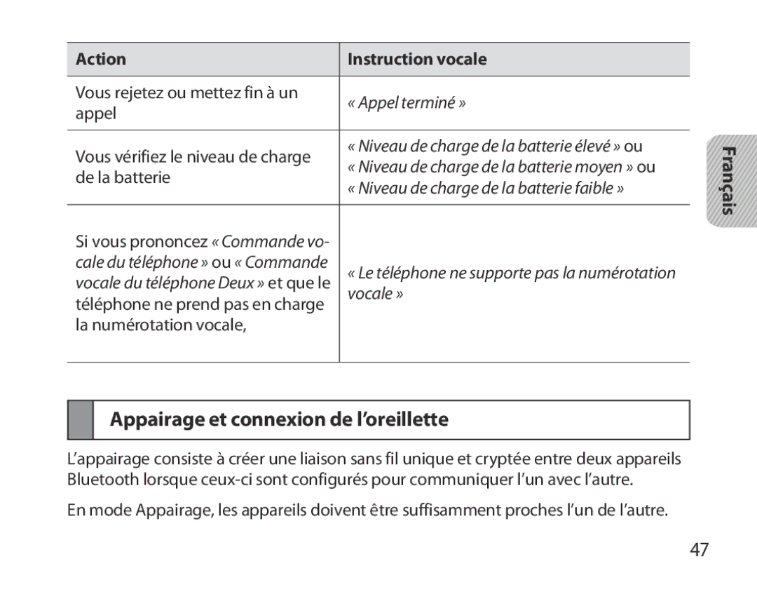 Samsung BHM3700EDRCSER, BHM3700EDEGXEF Français Appairage et connexion de l’oreillette, Cale du téléphone » ou « Commande 